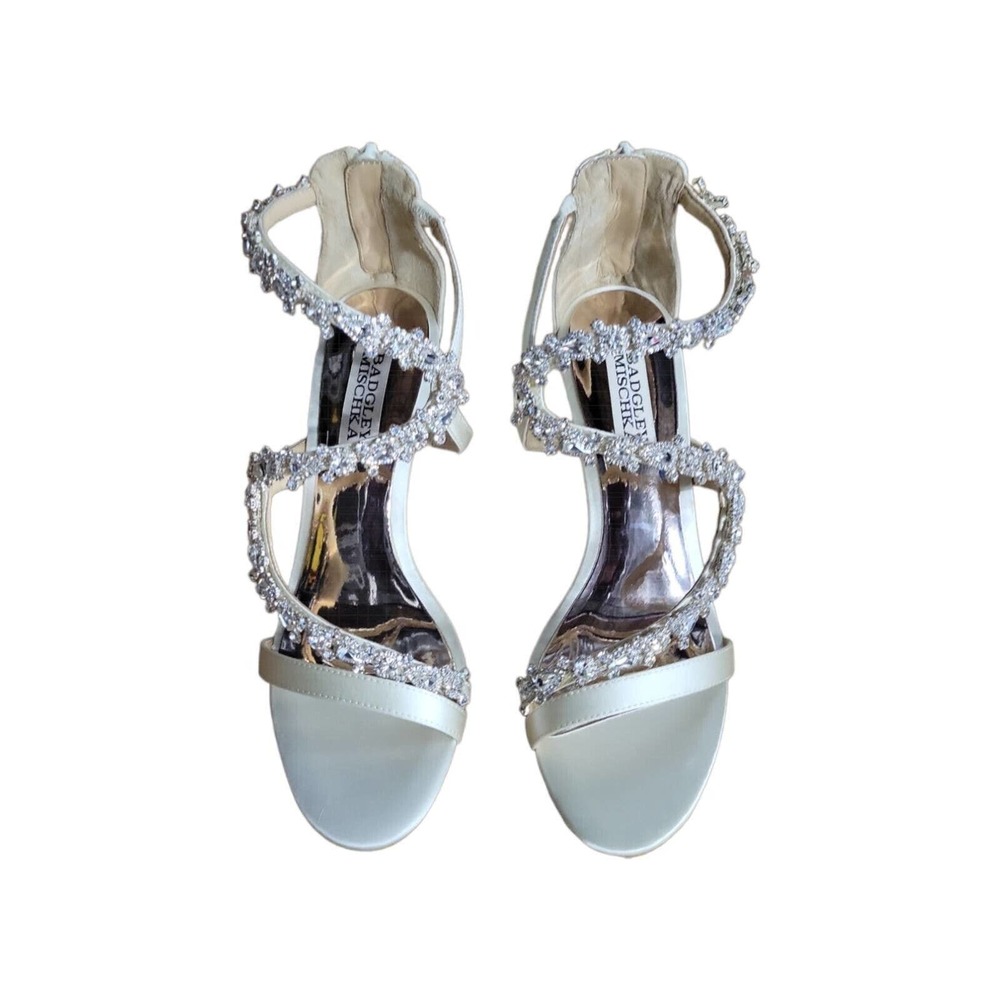 Badgley Mischka Womens Bennet Sandals White Satin Wedge Heels Rhinestone 7 New - Picture 3 of 9
